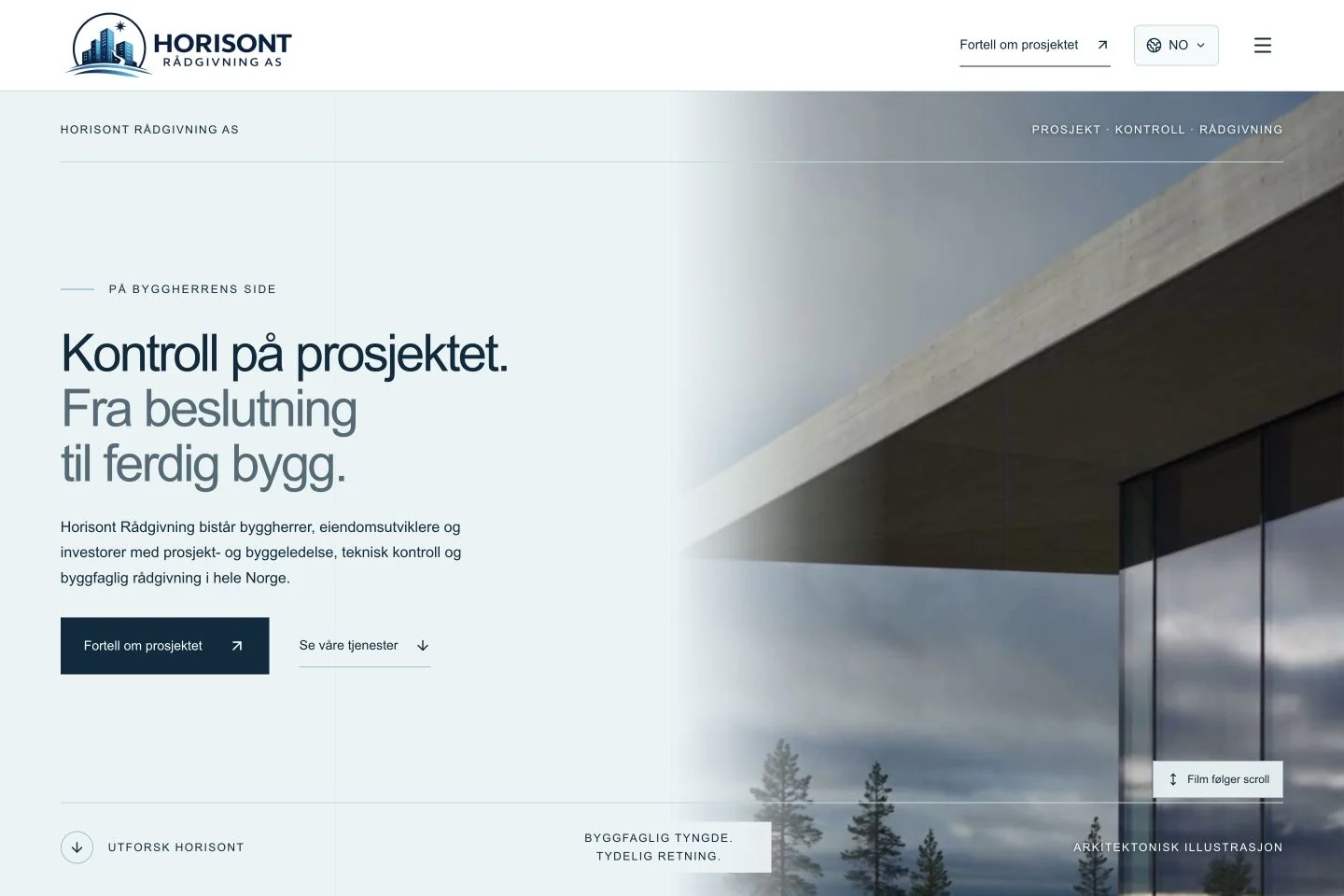 Página de inicio de Horisont Rådgivning con fotografías de arquitectura y un diseño limpio en tonos azul grisáceo.